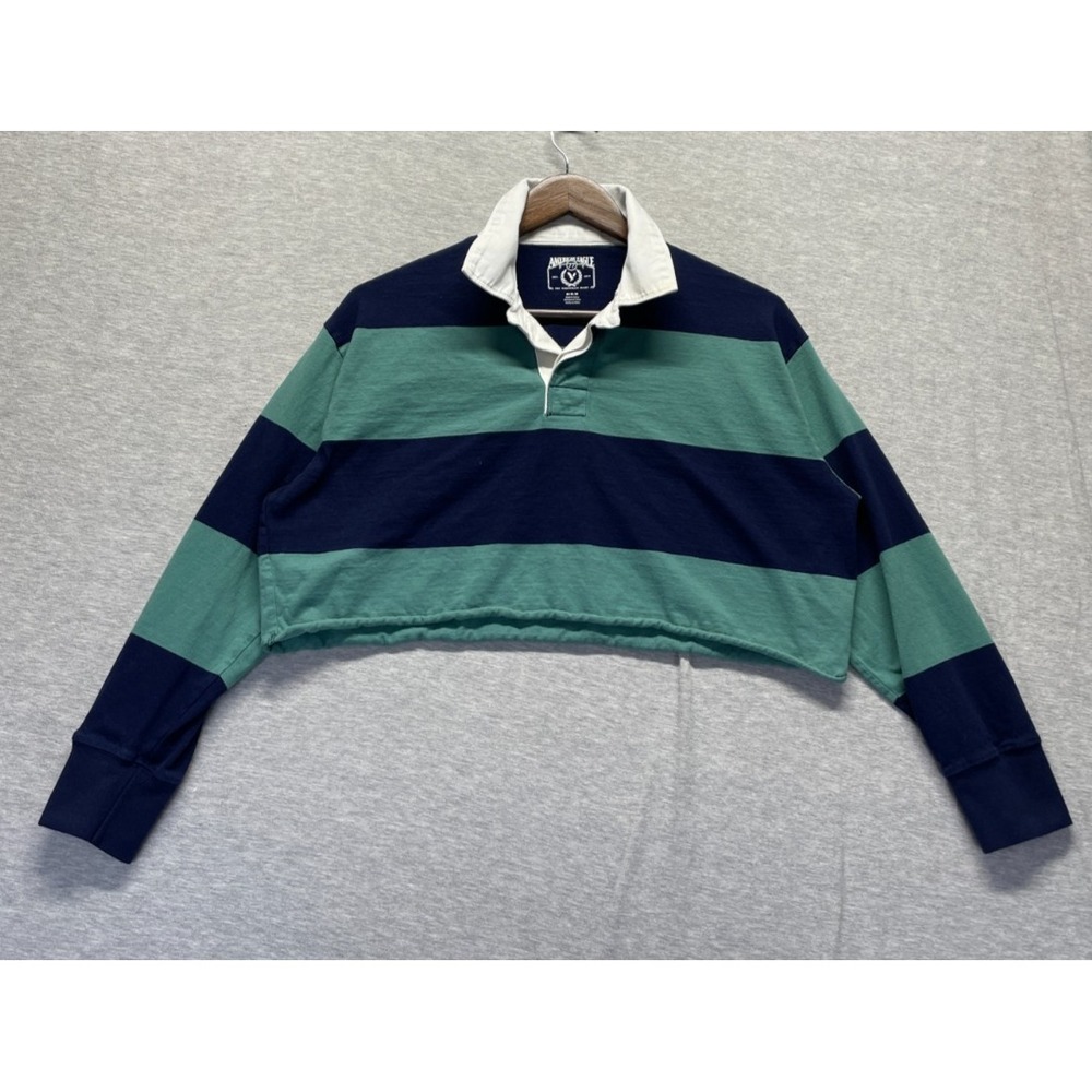 American Eagle Outfitters Cropped Rugby Shirt Womens Medium Blue Green Striped